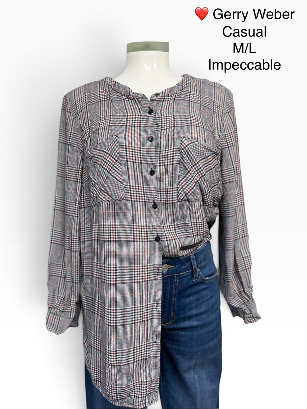 Gerry Weber Gray Plaid Button-Down Shirt with Pink Accents